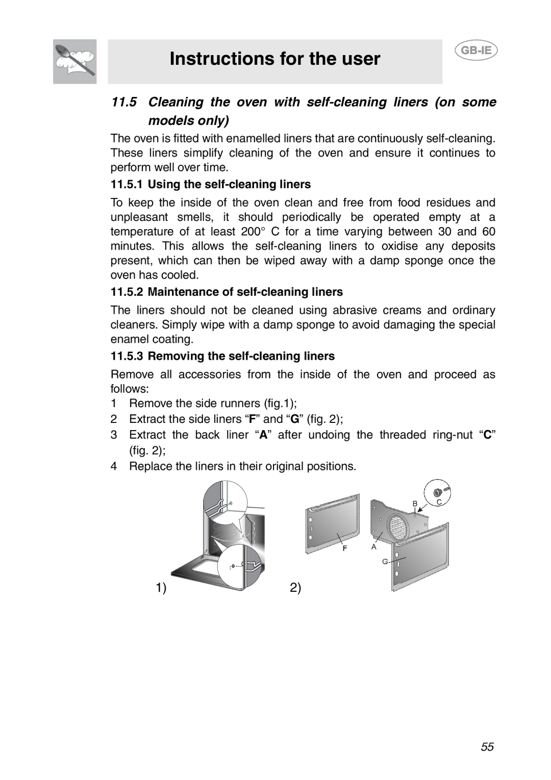 Smeg SC106ALU manual Using the self-cleaning liners, Maintenance of self-cleaning liners, Removing the self-cleaning liners 