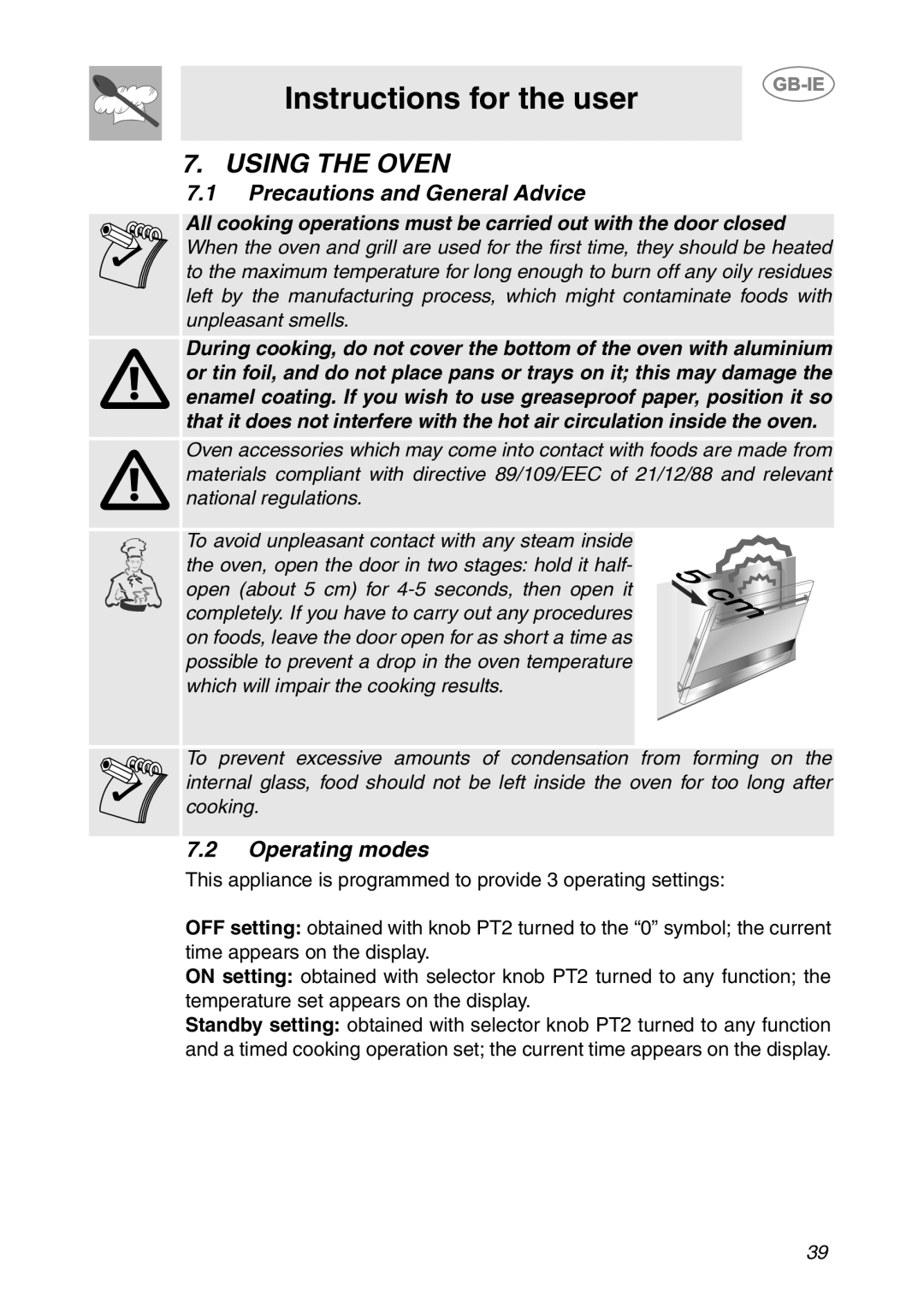 Smeg SC106ALU manual Using the Oven, Precautions and General Advice, Operating modes 