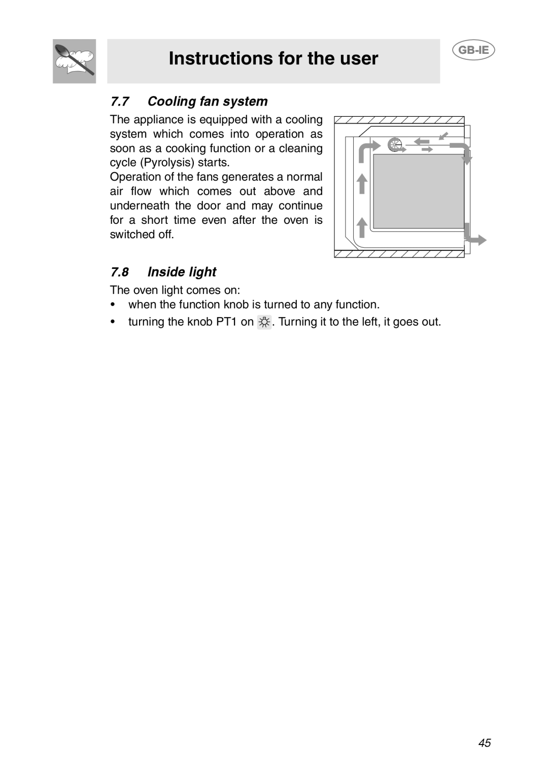 Smeg SC106ALU manual Cooling fan system, Inside light, Instructions for the user 