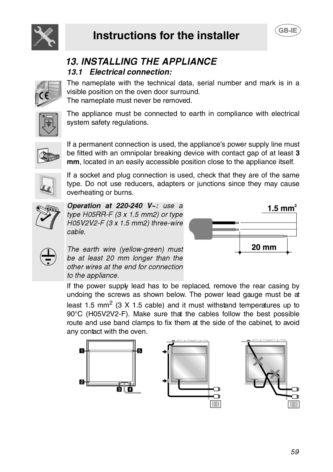 Smeg SC106ALU manual Instructions for the installer, Installing The Appliance, Electrical connection 