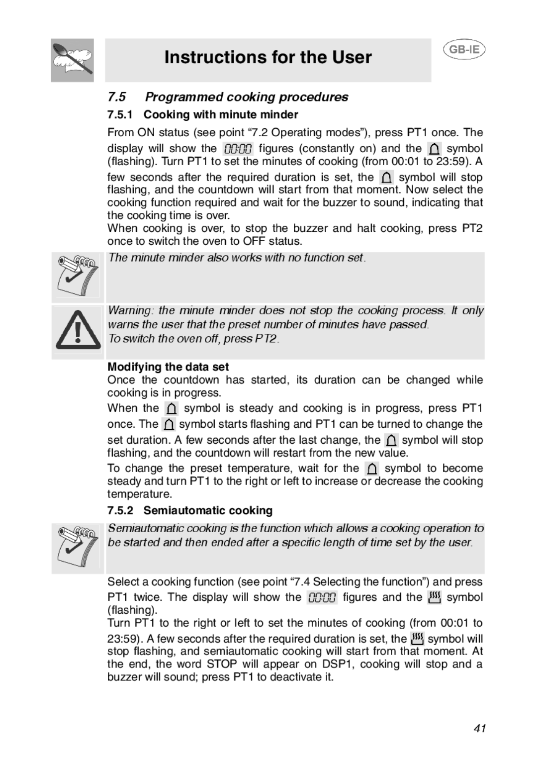 Smeg SC110EBO Programmed cooking procedures, Cooking with minute minder, Modifying the data set, Semiautomatic cooking 