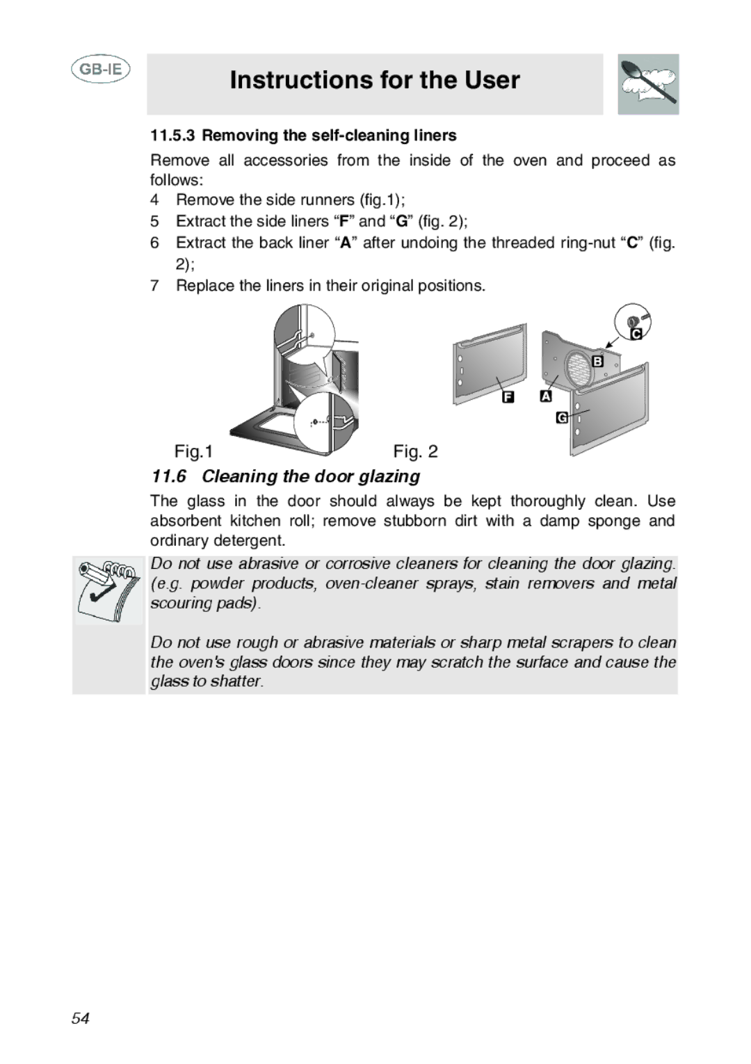 Smeg SC110SG, SC110NE, SC110EBO manual Cleaning the door glazing, Removing the self-cleaning liners 