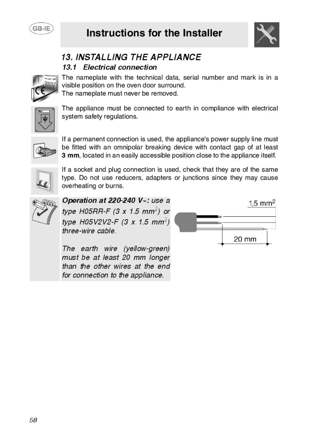 Smeg SC110SG, SC110NE, SC110EBO manual Installing the Appliance, Electrical connection, Operation at 220-240 V~ use a 