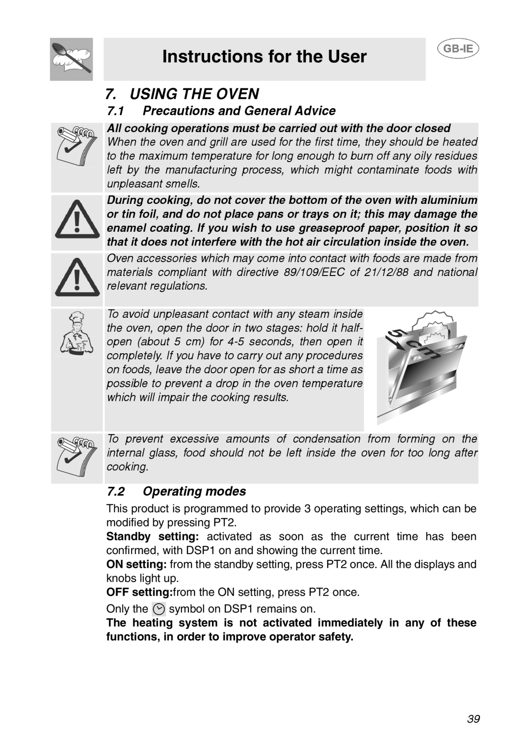 Smeg SC110NE, SC110EBO, SC110SG manual Using the Oven, Precautions and General Advice, Operating modes 