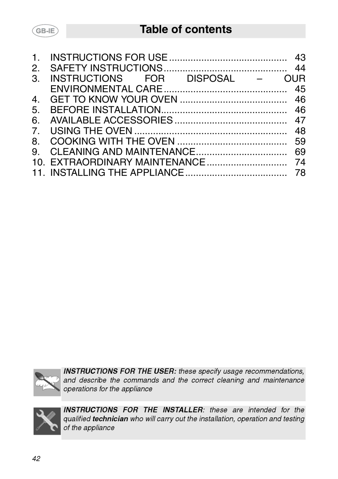 Smeg SC112-2 manual Table of contents 