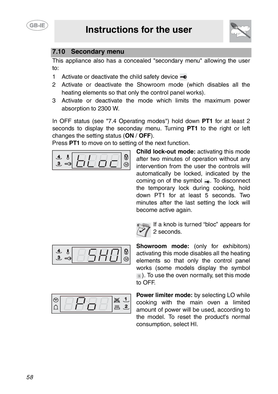 Smeg SC112-2 manual Secondary menu 