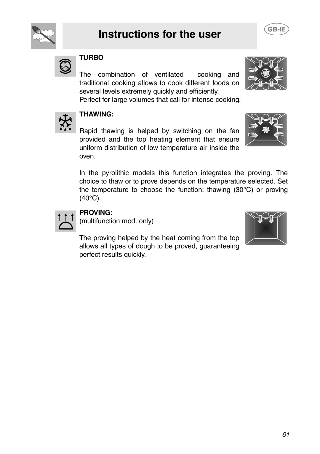 Smeg SC112-2 manual Turbo, Thawing, Proving 