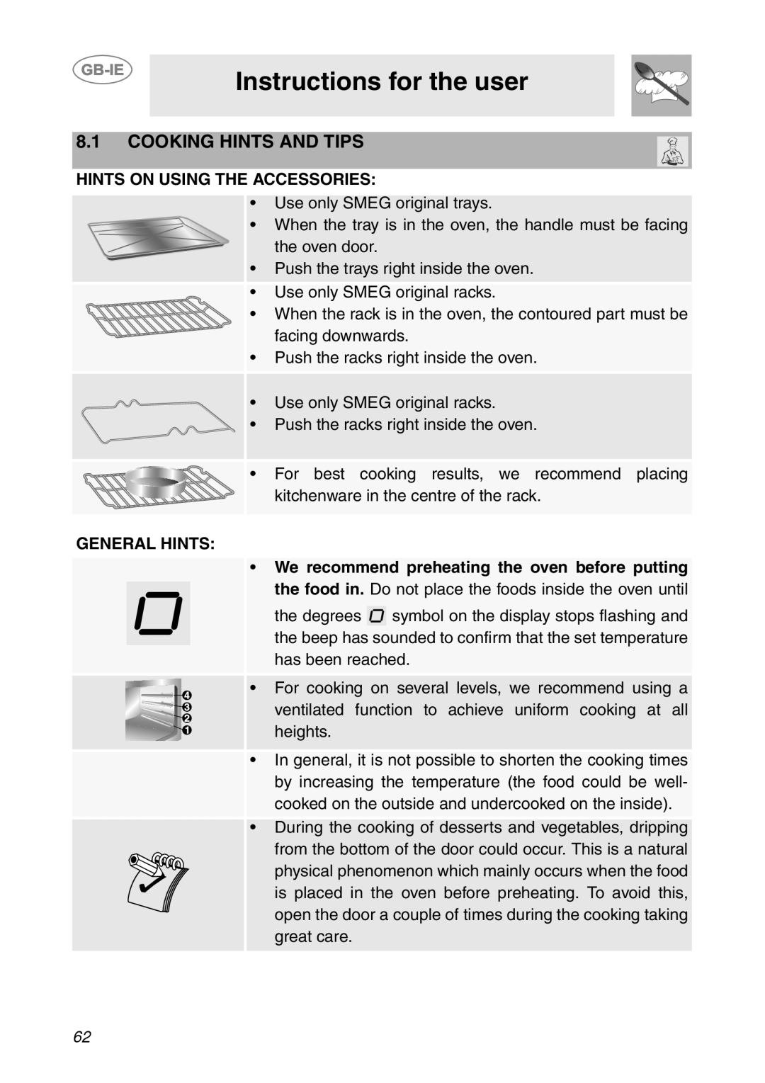 Smeg SC112-2 manual Hints on Using the Accessories, General Hints 