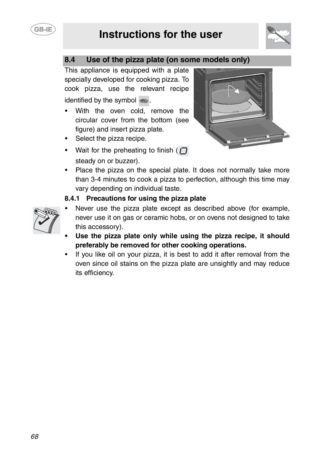 Smeg SC112-2 manual Use of the pizza plate on some models only, Precautions for using the pizza plate 