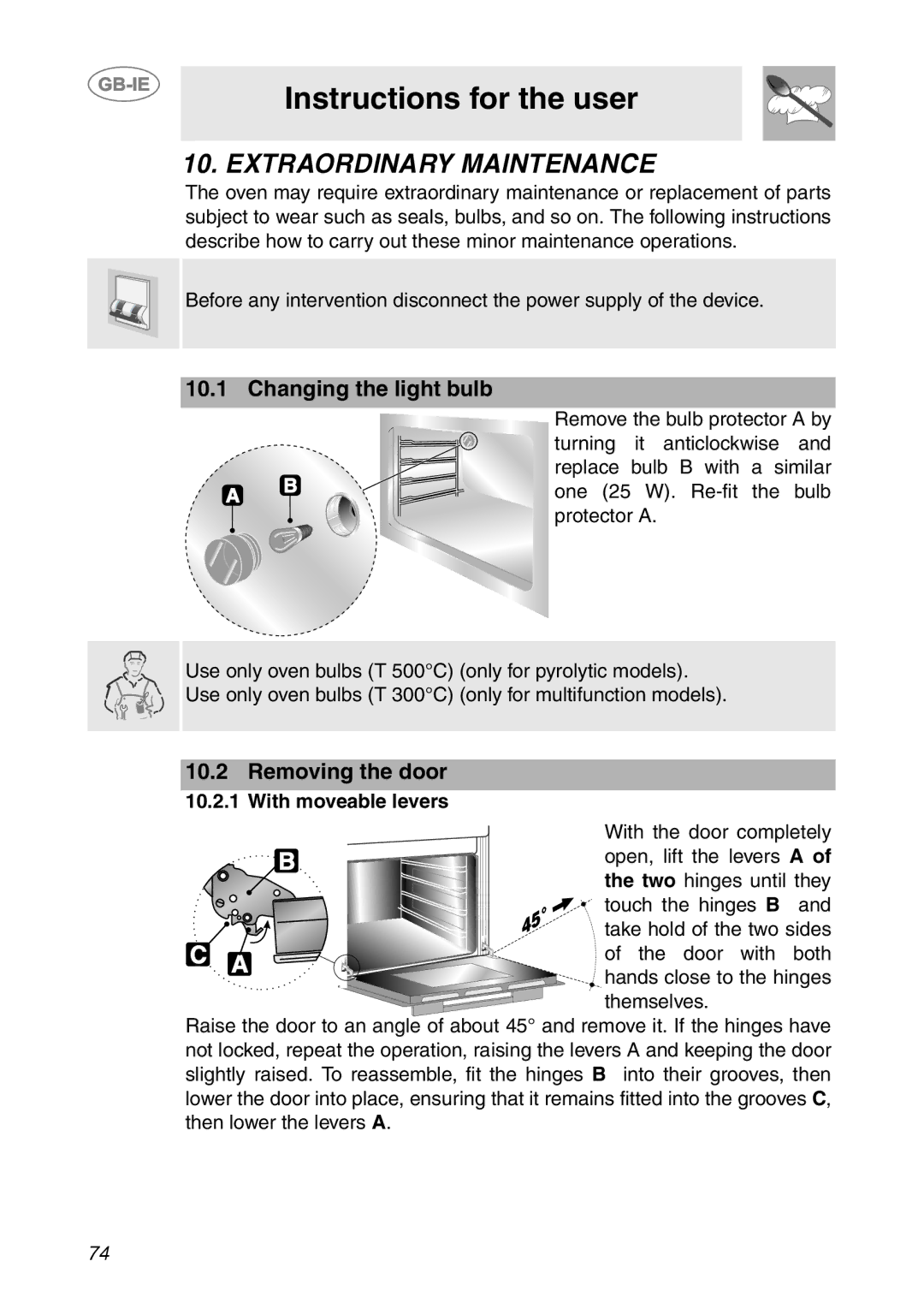 Smeg SC112-2 manual Extraordinary Maintenance, Changing the light bulb, Removing the door 10.2.1 With moveable levers 