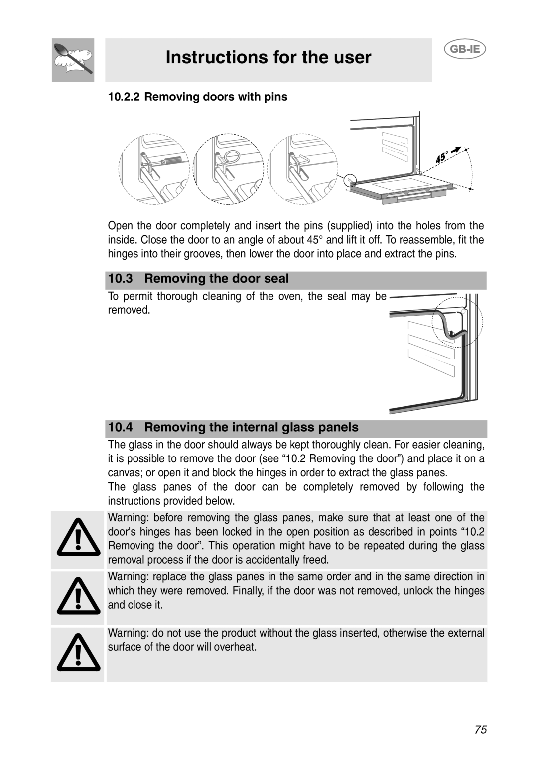 Smeg SC112-2 manual Removing the door seal, Removing the internal glass panels, Removing doors with pins 