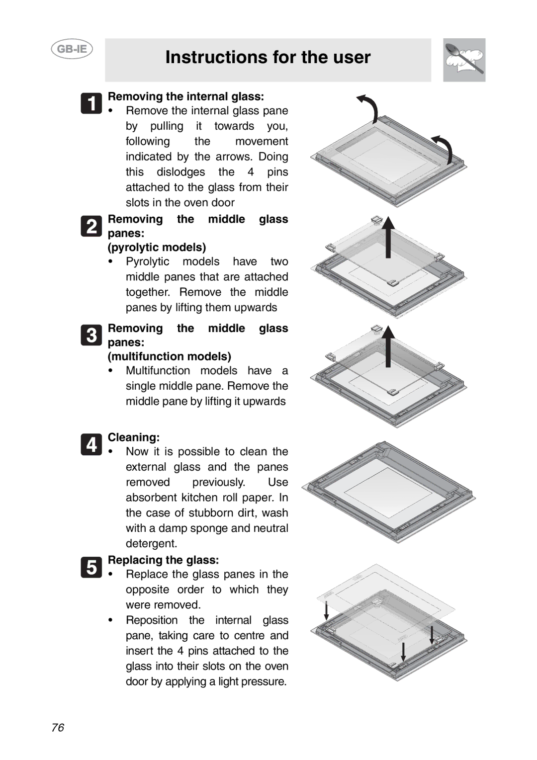 Smeg SC112-2 Removing the internal glass, Removing the middle glass panes Pyrolytic models, Cleaning, Replacing the glass 