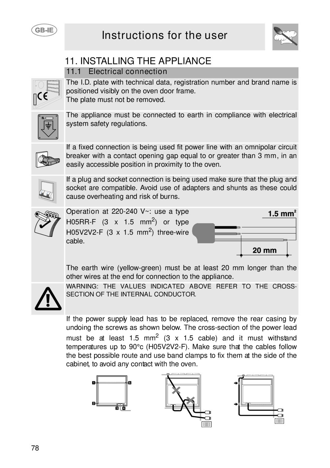 Smeg SC112-2 manual Installing the Appliance, Electrical connection, Operation at 220-240 V~ use a type 