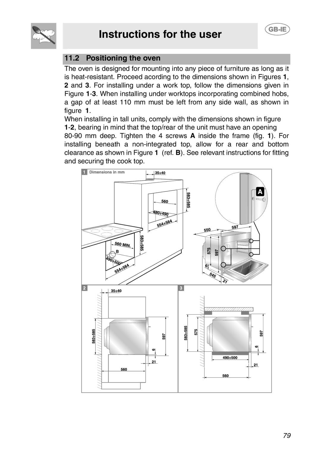 Smeg SC112-2 manual Positioning the oven 