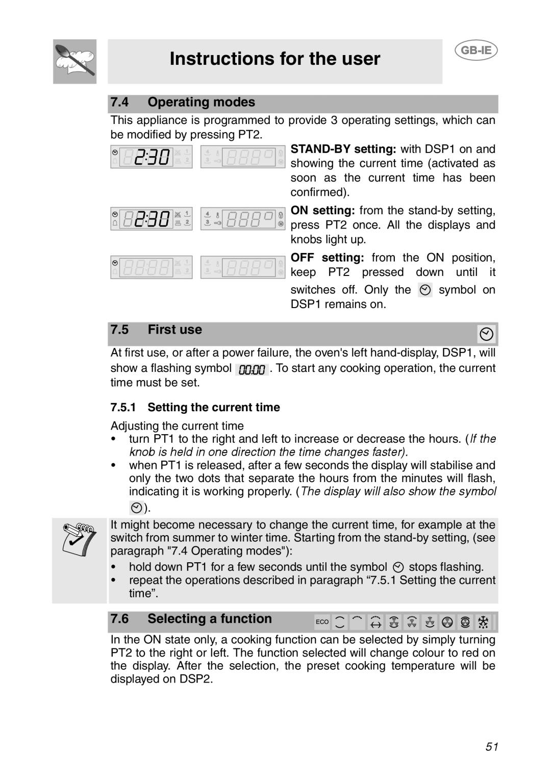 Smeg SC112-2 Operating modes, First use, Selecting a function, STAND-BY setting with DSP1 on and, Setting the current time 