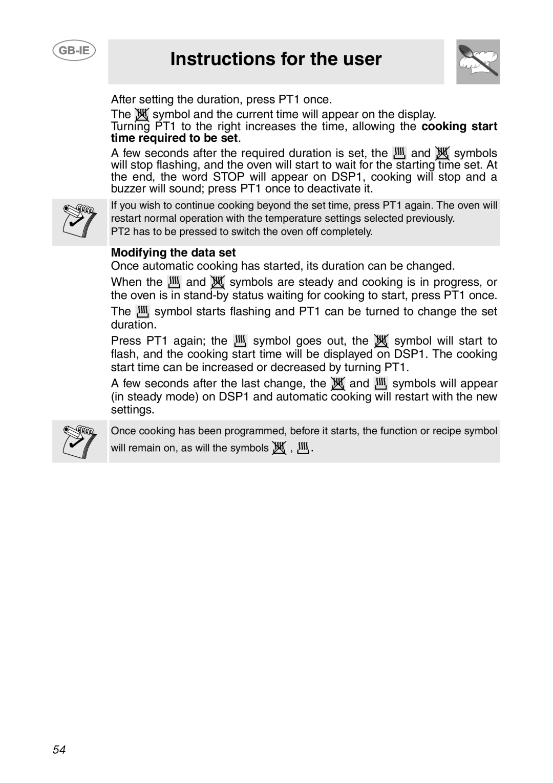 Smeg SC112-2 manual Instructions for the user, After setting the duration, press PT1 once, Modifying the data set 