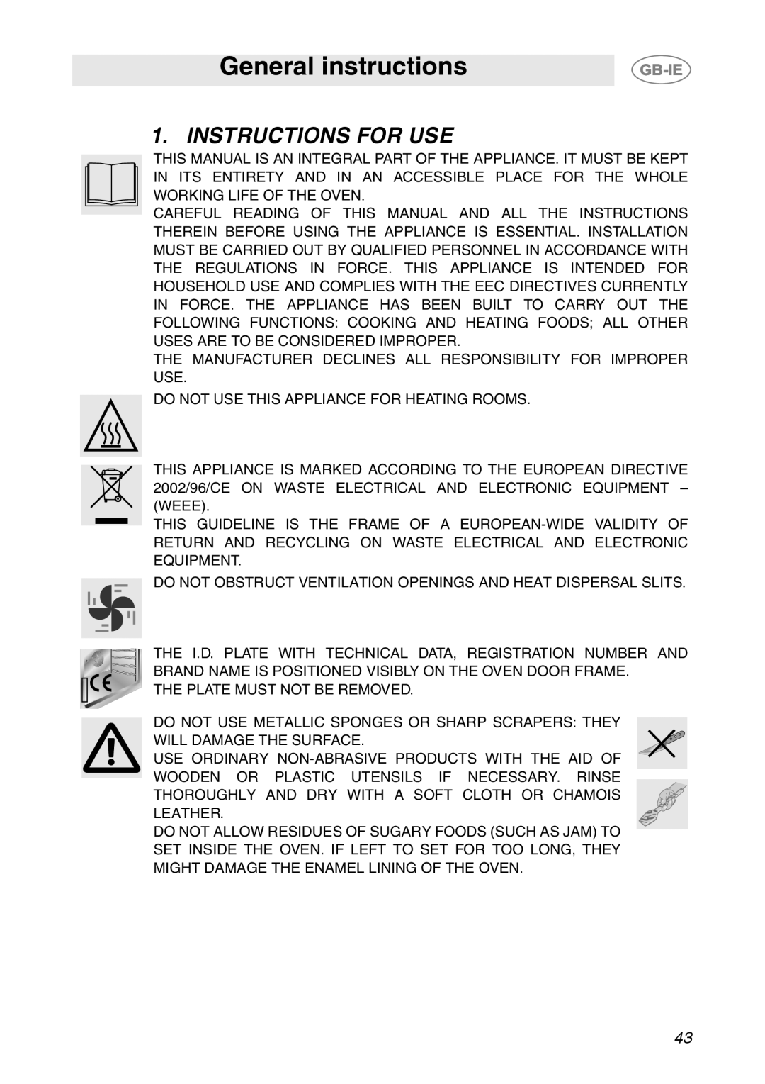 Smeg SC112-2 manual General instructions, Instructions For Use 