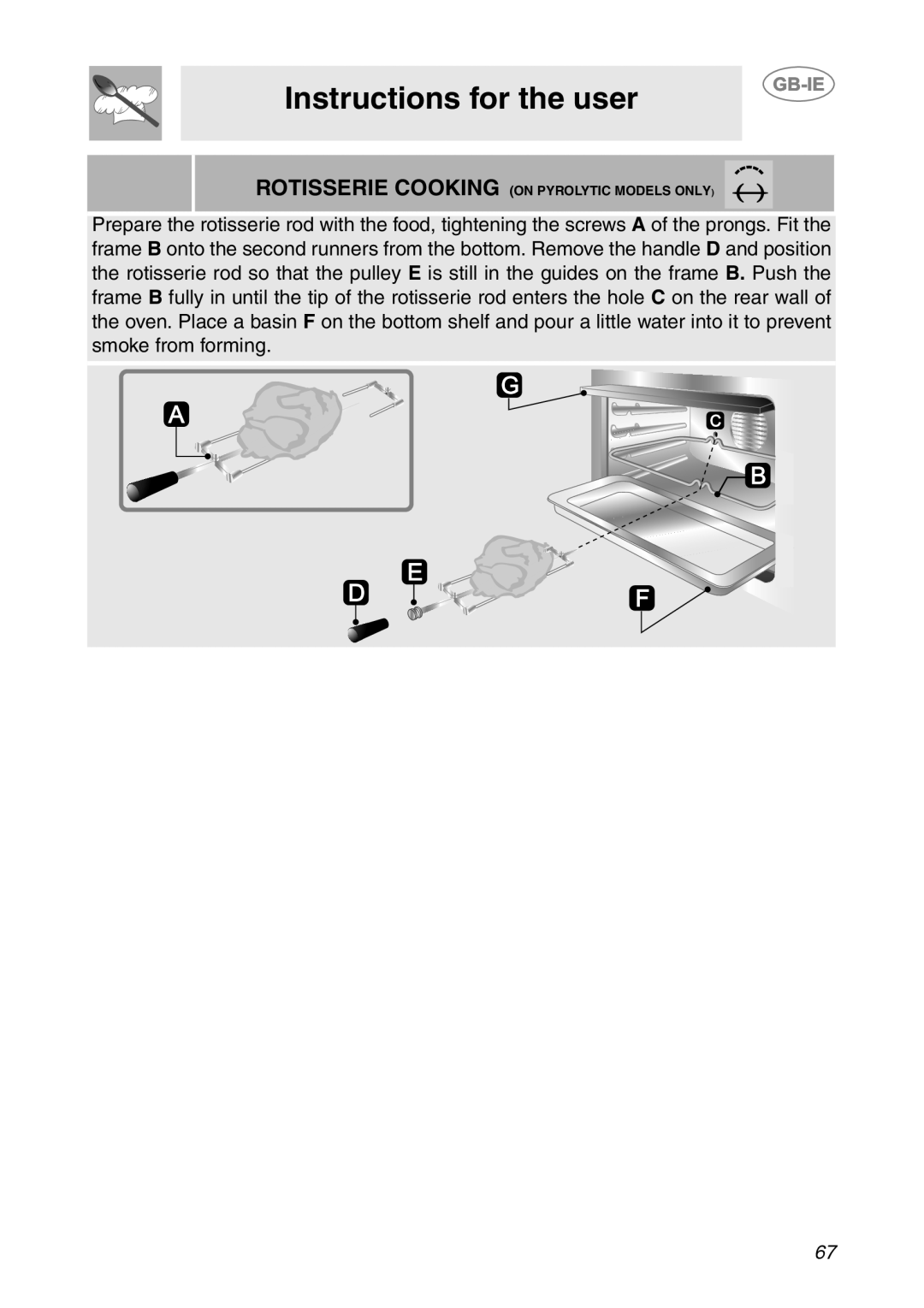Smeg SC112-2 manual Instructions for the user, Rotisserie Cooking On Pyrolytic Models Only 