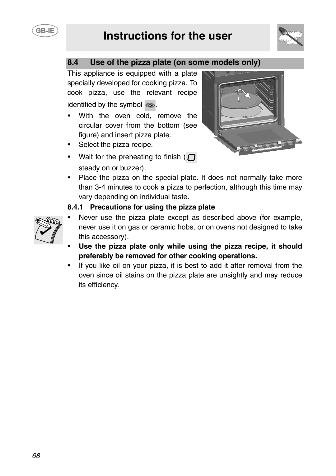 Smeg SC112-2 Use of the pizza plate on some models only, Precautions for using the pizza plate, Instructions for the user 