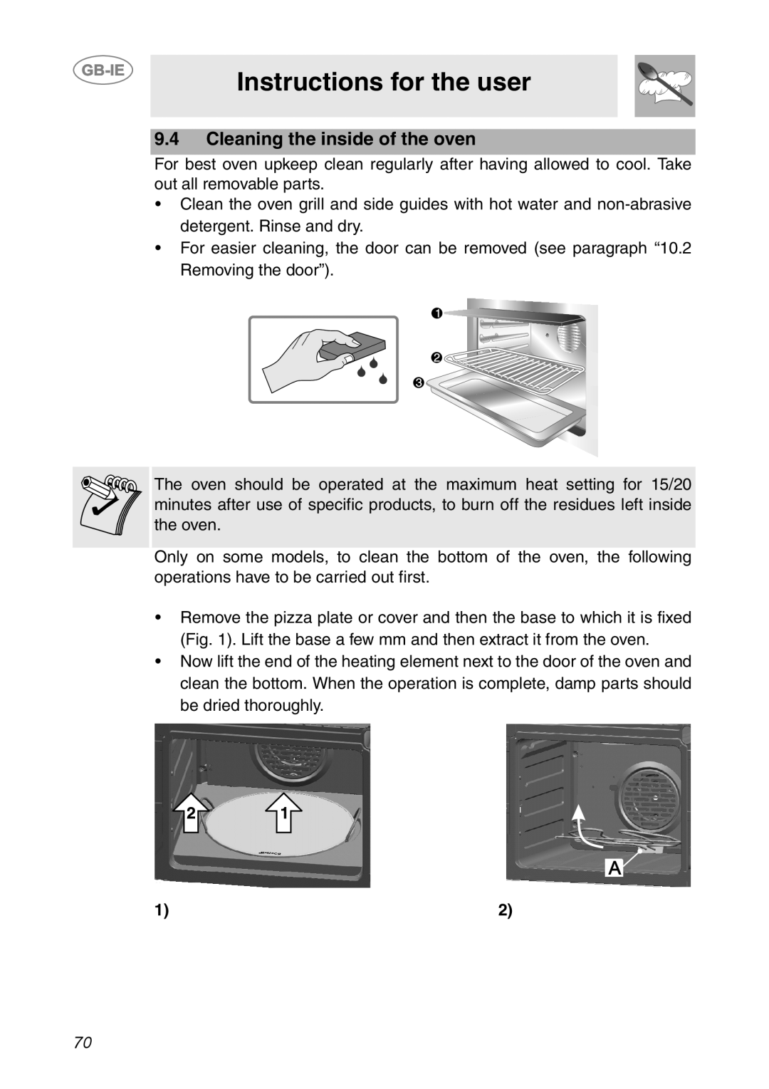 Smeg SC112-2 manual Cleaning the inside of the oven, Instructions for the user 