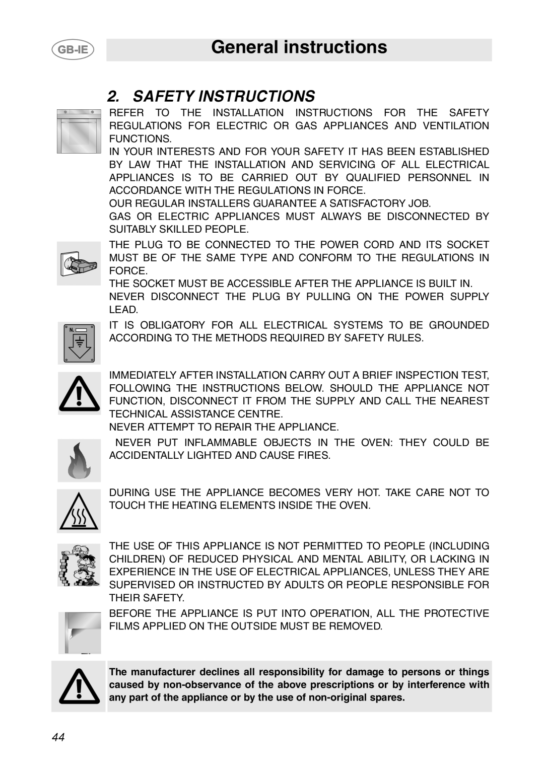 Smeg SC112-2 manual Safety Instructions, General instructions 