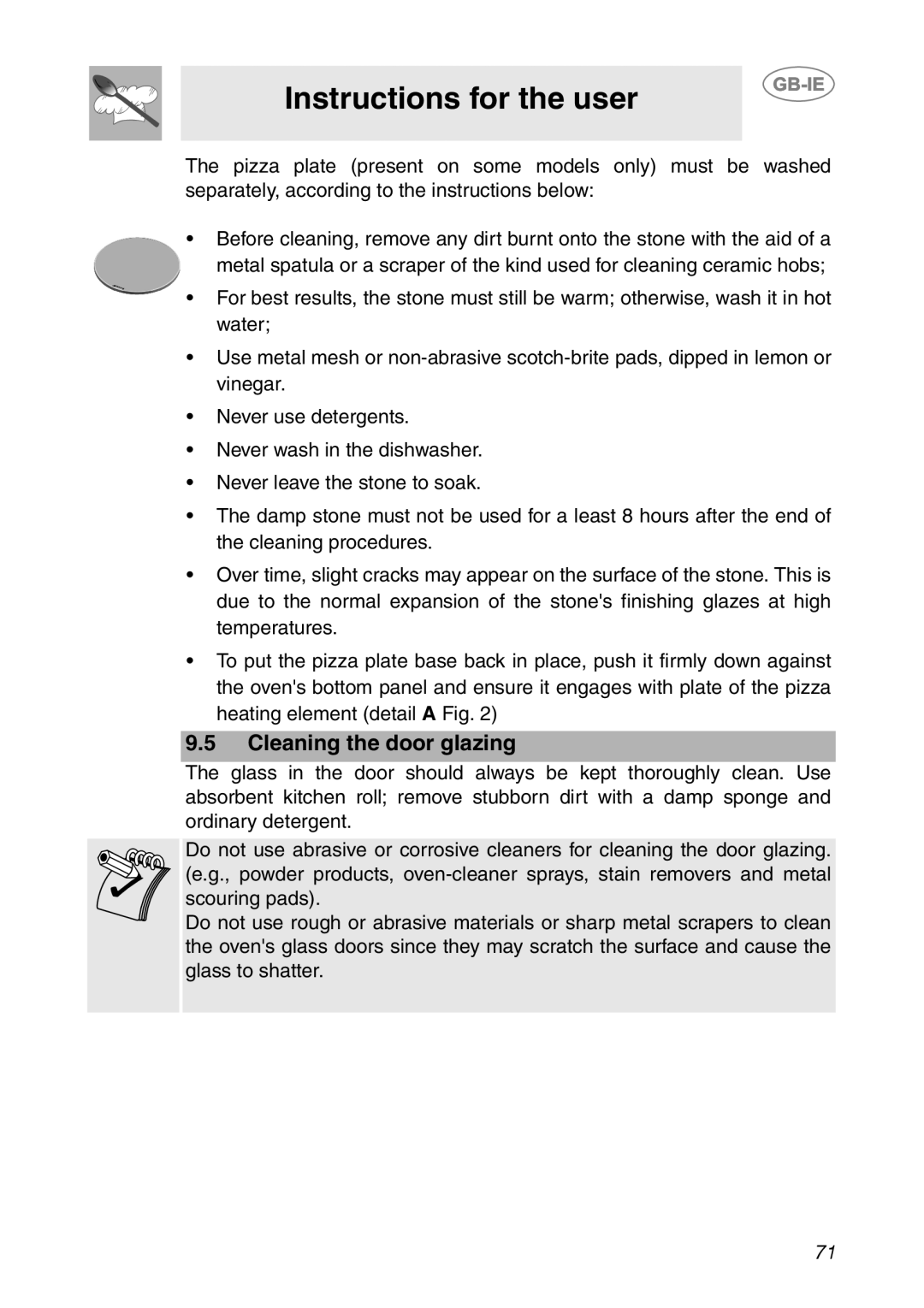 Smeg SC112-2 manual Cleaning the door glazing, Instructions for the user 