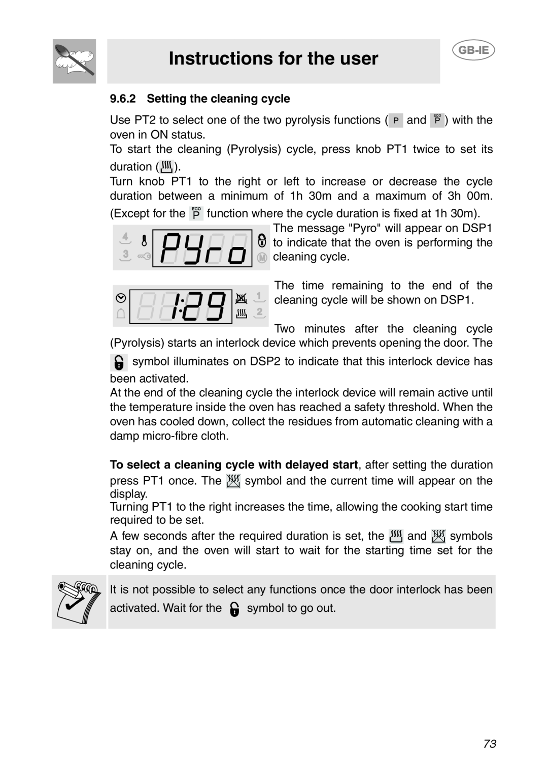 Smeg SC112-2 manual Setting the cleaning cycle, Instructions for the user, The message Pyro will appear on DSP1 