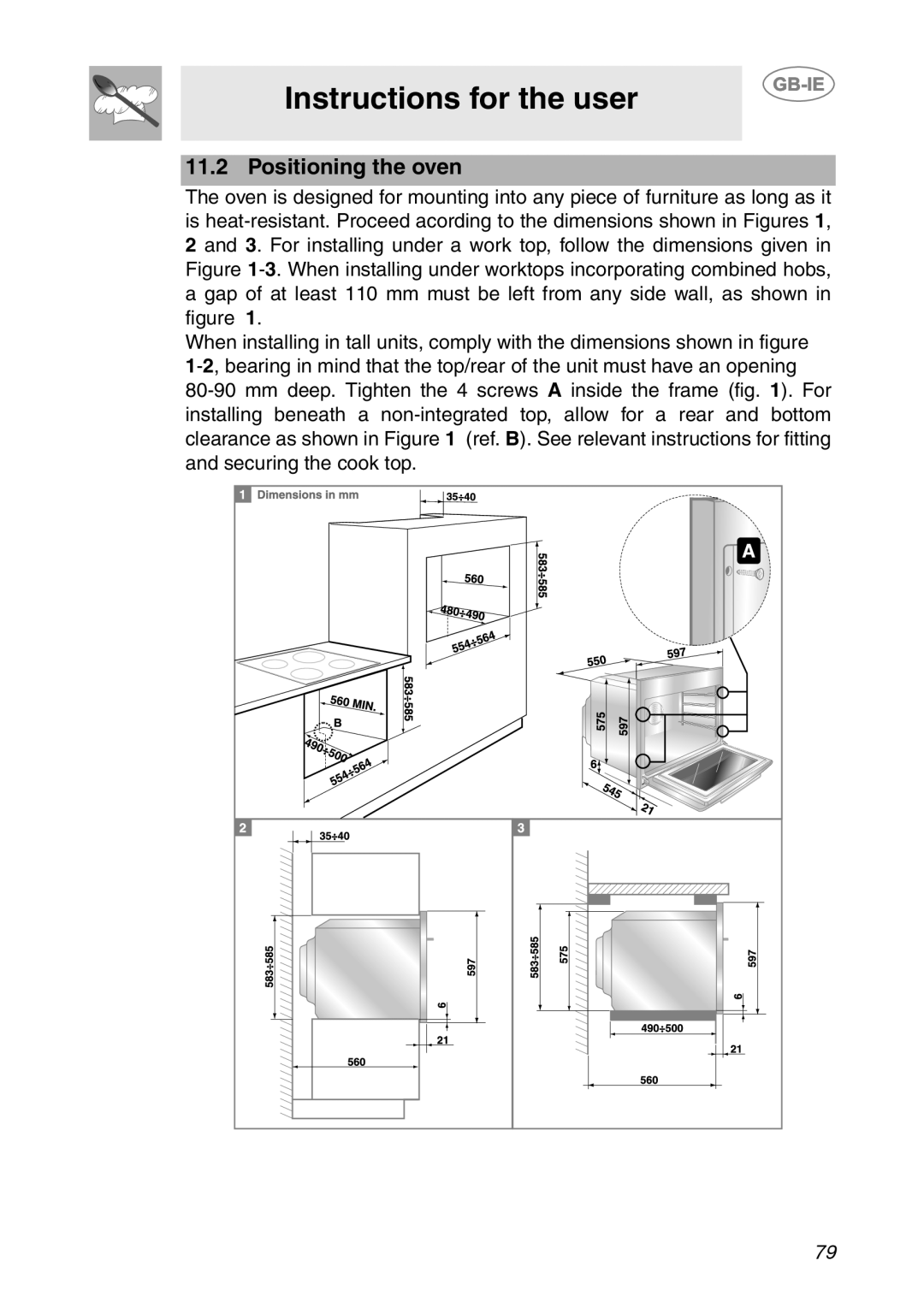 Smeg SC112-2 manual Positioning the oven, Instructions for the user 