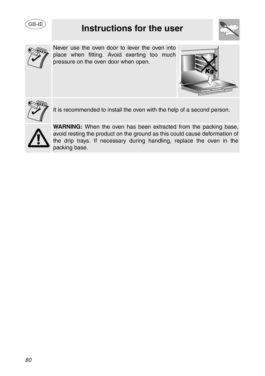 Smeg SC112-2 manual Instructions for the user, It is recommended to install the oven with the help of a second person 
