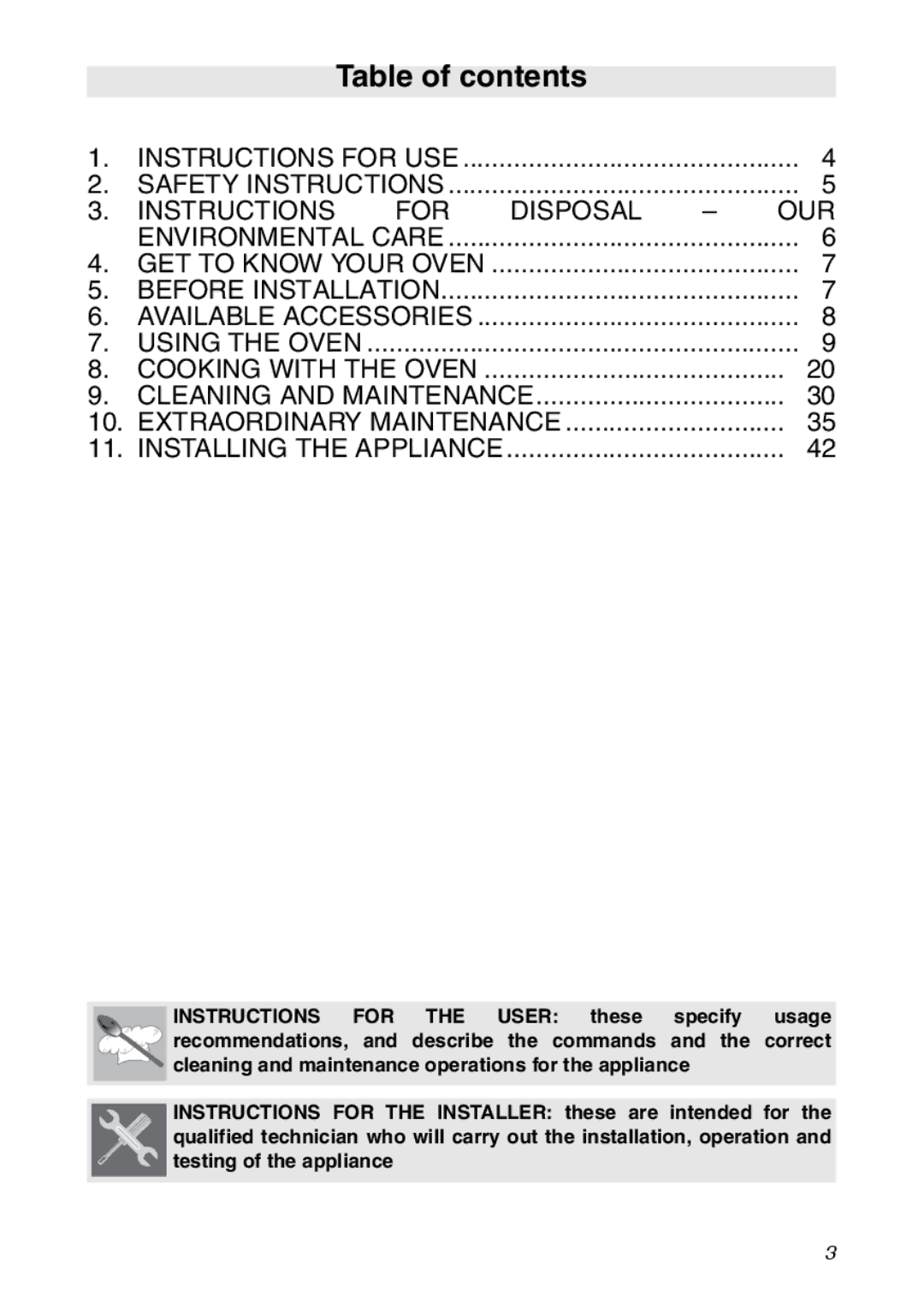 Smeg SC112 manual Table of contents 