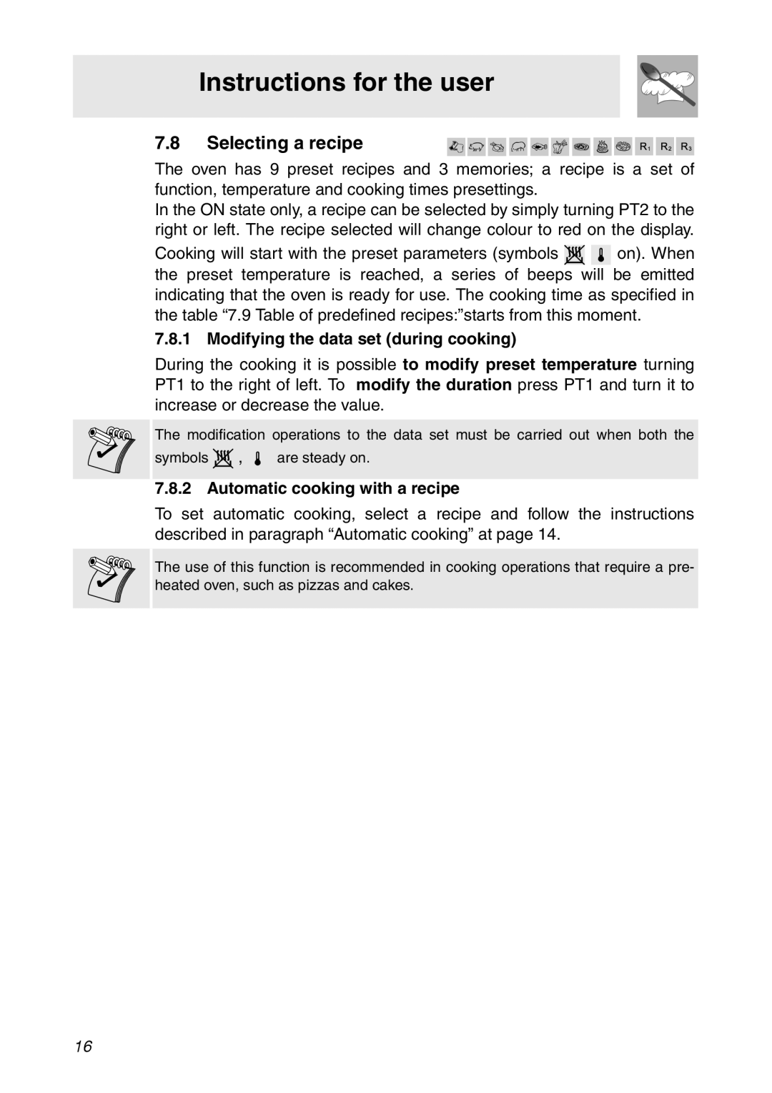 Smeg SC112 manual Selecting a recipe, Modifying the data set during cooking, Automatic cooking with a recipe 