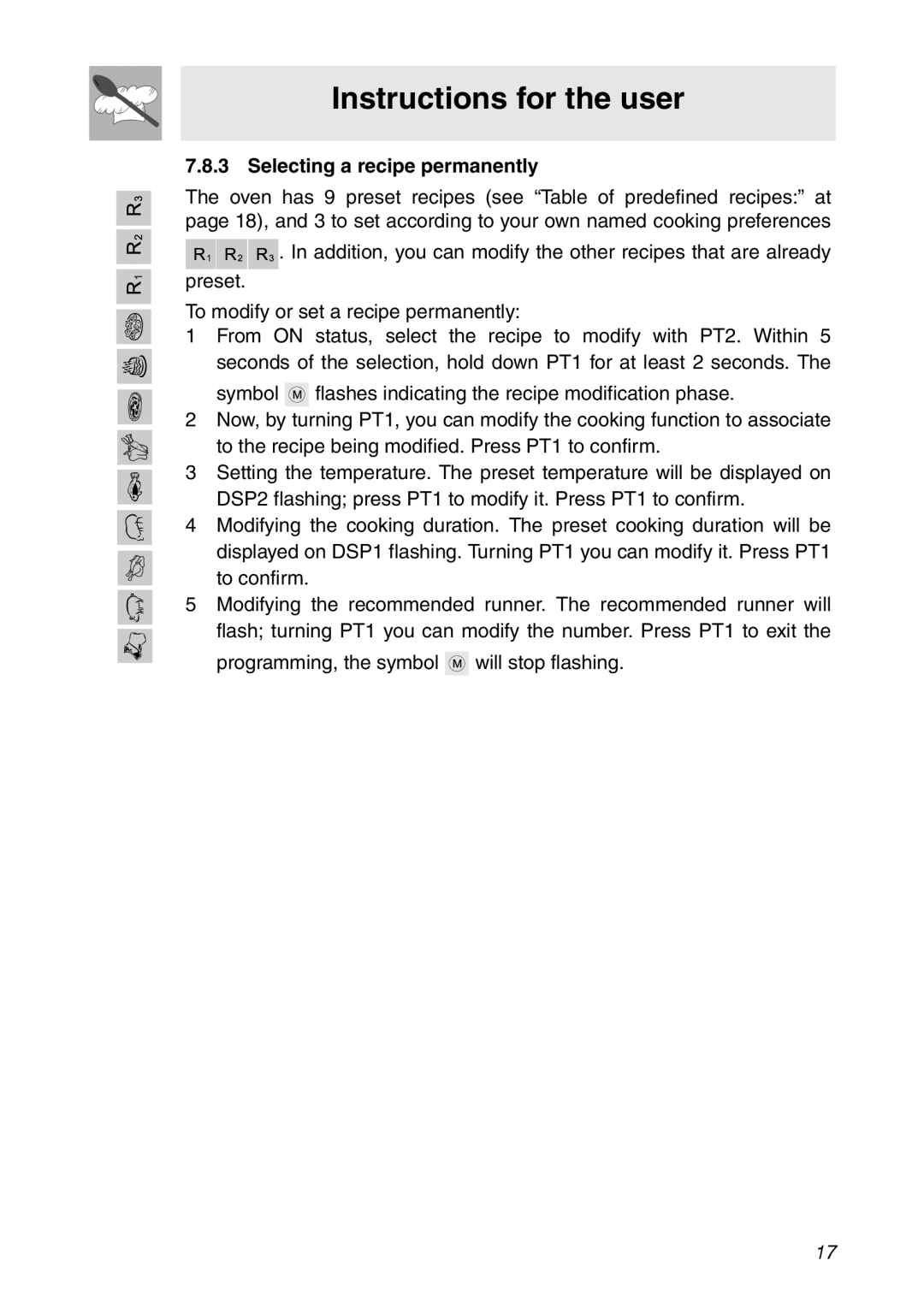 Smeg SC112 manual Selecting a recipe permanently 