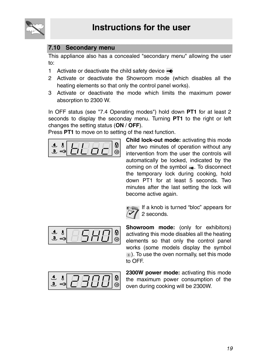 Smeg SC112 manual Secondary menu 