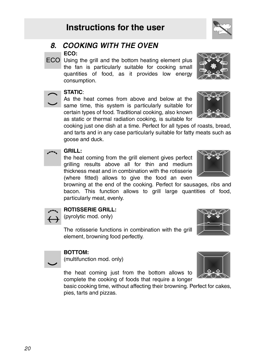 Smeg SC112 manual Cooking with the Oven, Eco, Static, Rotisserie Grill 