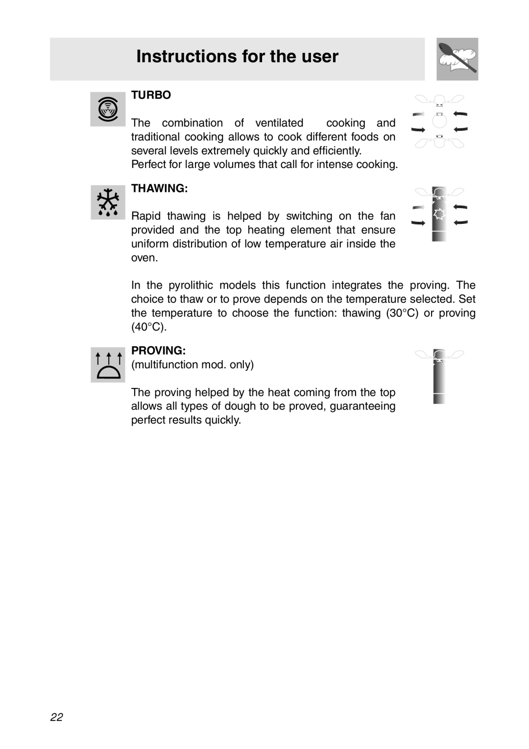 Smeg SC112 manual Turbo, Thawing, Proving 