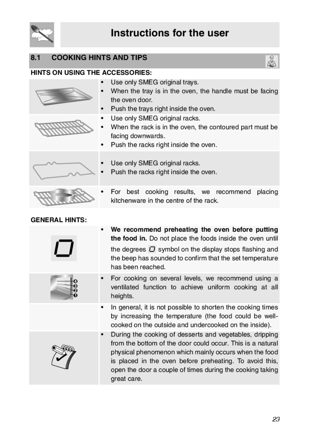 Smeg SC112 manual Hints on Using the Accessories, General Hints 