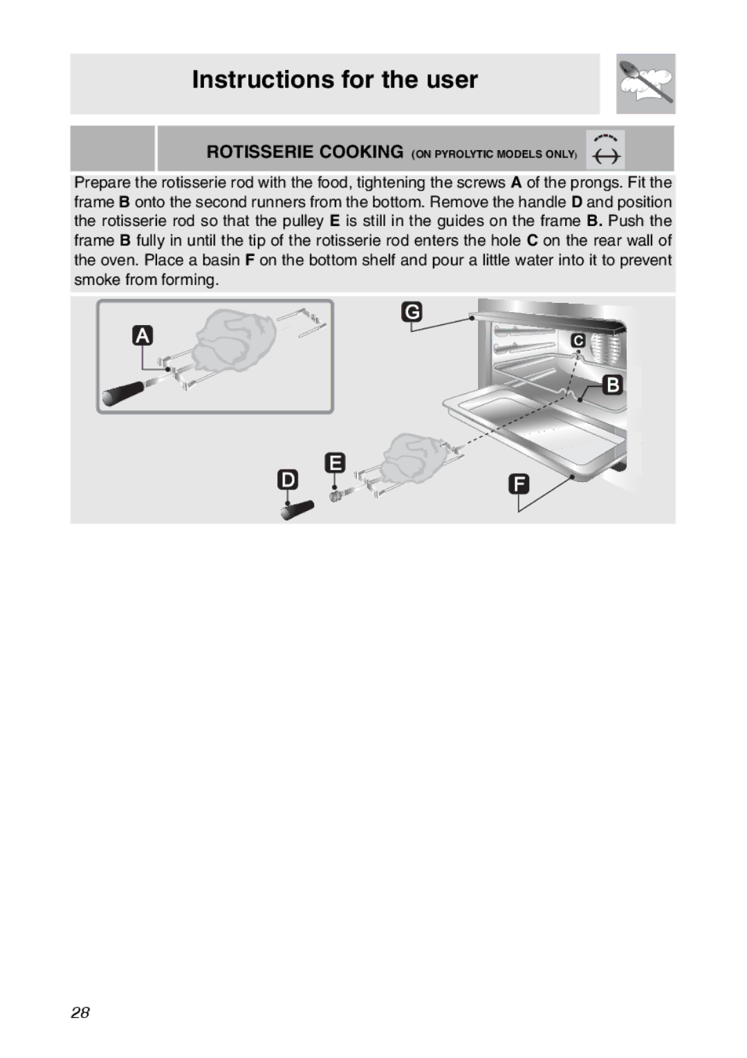 Smeg SC112 manual Rotisserie Cooking on Pyrolytic Models only 