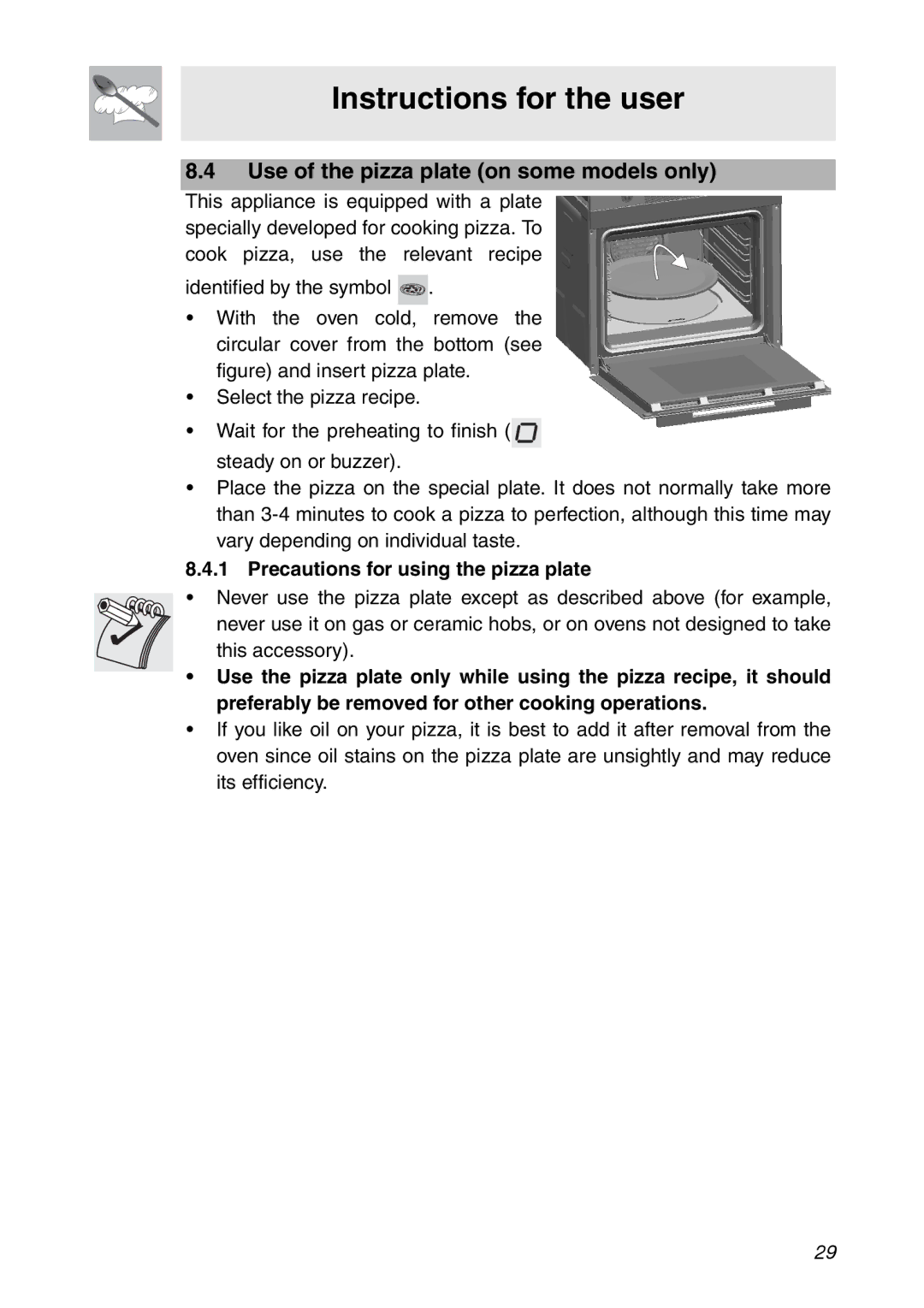 Smeg SC112 manual Use of the pizza plate on some models only, Precautions for using the pizza plate 