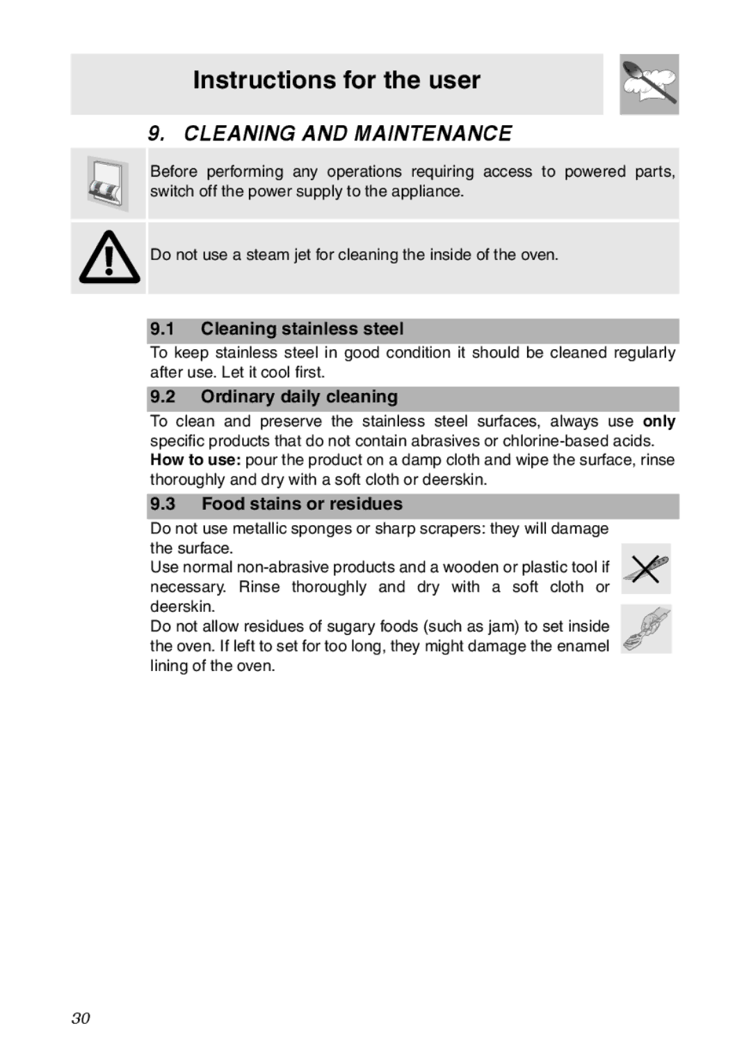 Smeg SC112 manual Cleaning and Maintenance, Cleaning stainless steel, Ordinary daily cleaning, Food stains or residues 