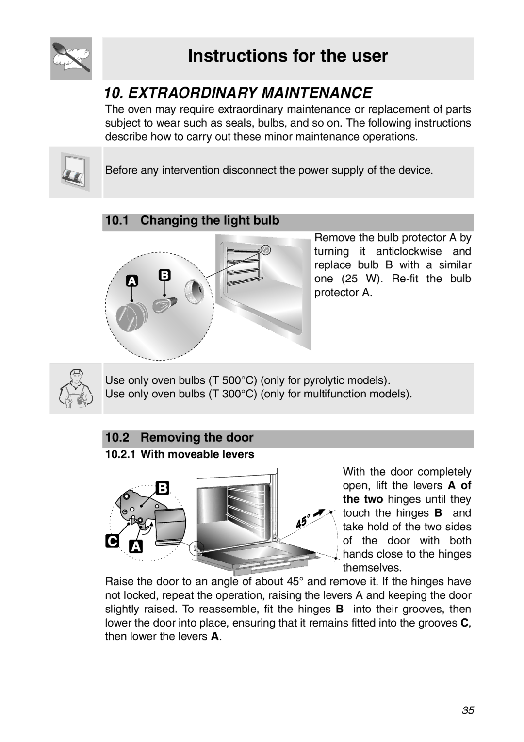 Smeg SC112 manual Extraordinary Maintenance, Changing the light bulb, Removing the door 10.2.1 With moveable levers 