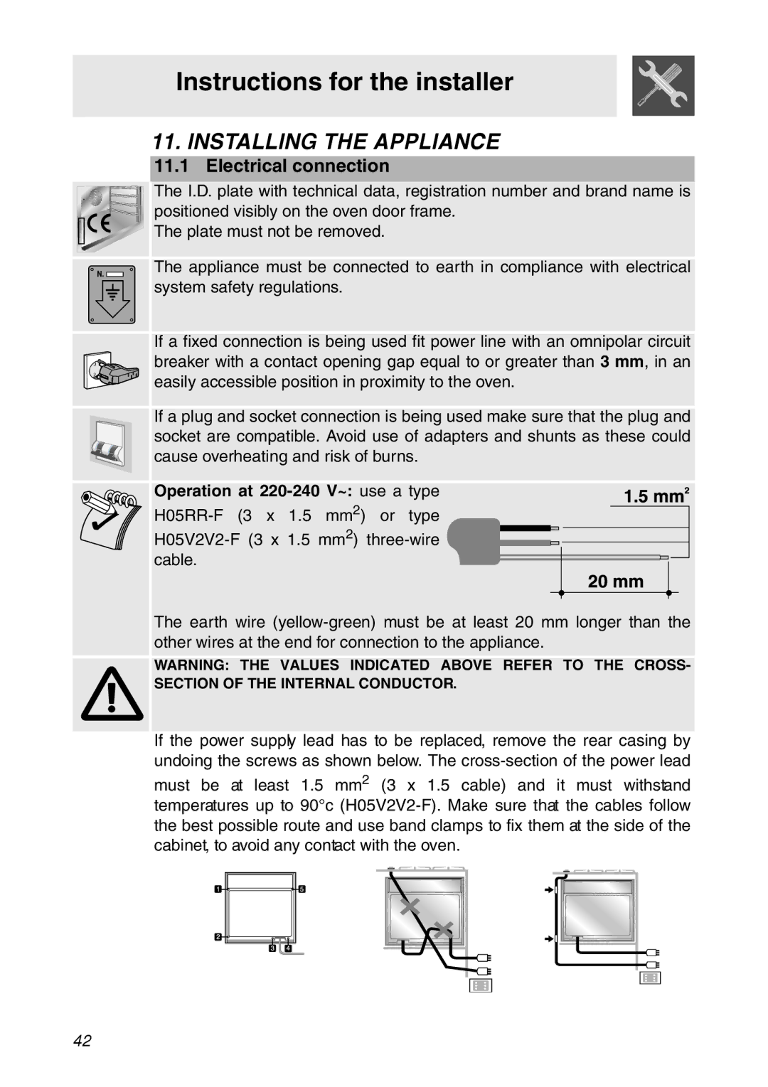 Smeg SC112 manual Installing the Appliance, Electrical connection, Operation at 220-240 V~ use a type 