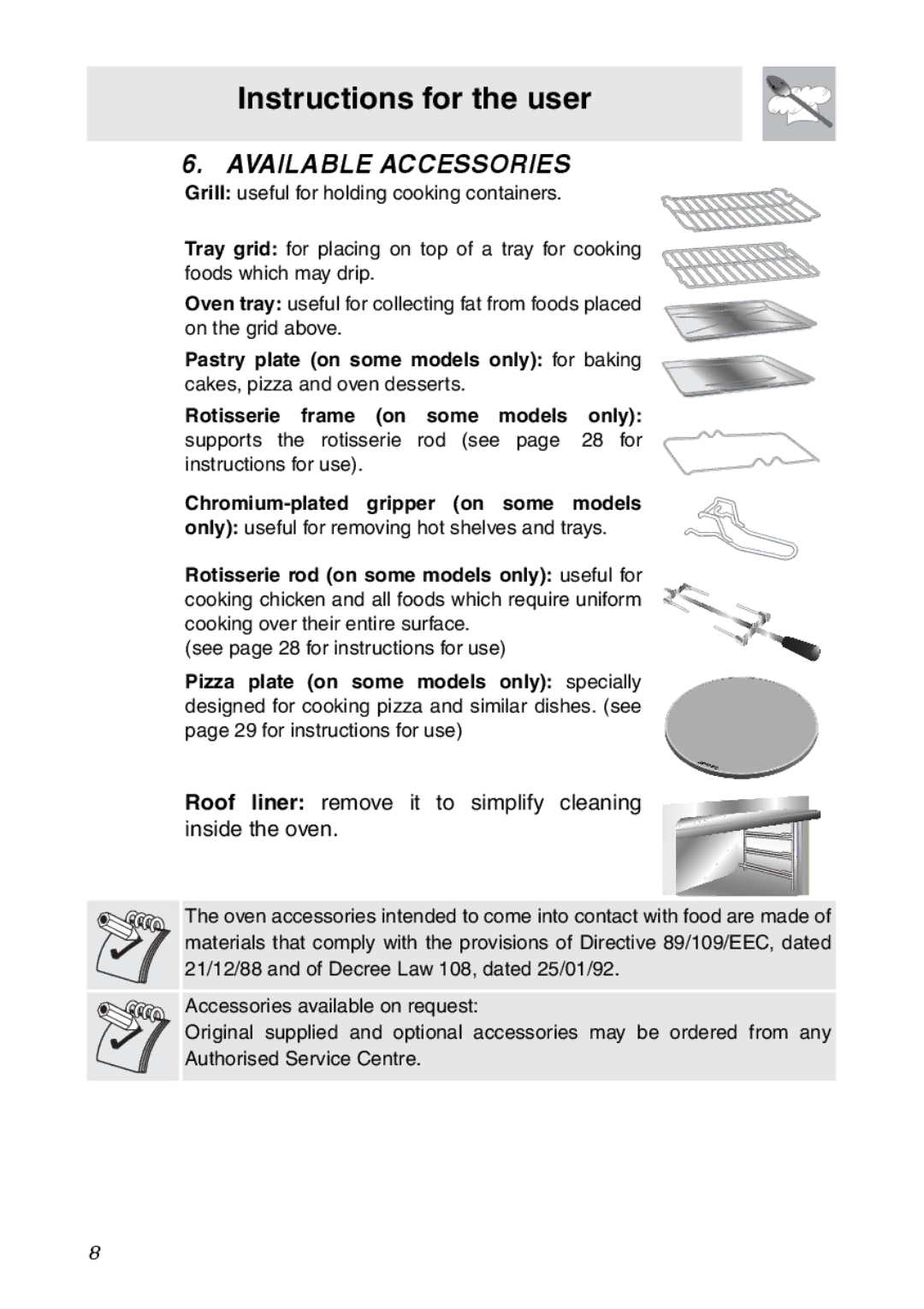 Smeg SC112 manual Available Accessories, Pastry plate on some models only for baking, Rotisserie frame on some models only 