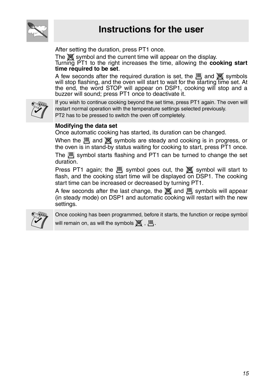 Smeg SC112 manual Instructions for the user, After setting the duration, press PT1 once, Modifying the data set 