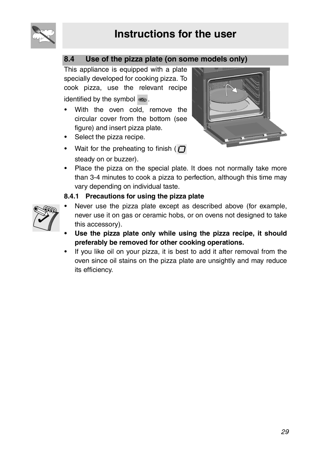 Smeg SC112 Use of the pizza plate on some models only, Precautions for using the pizza plate, Instructions for the user 