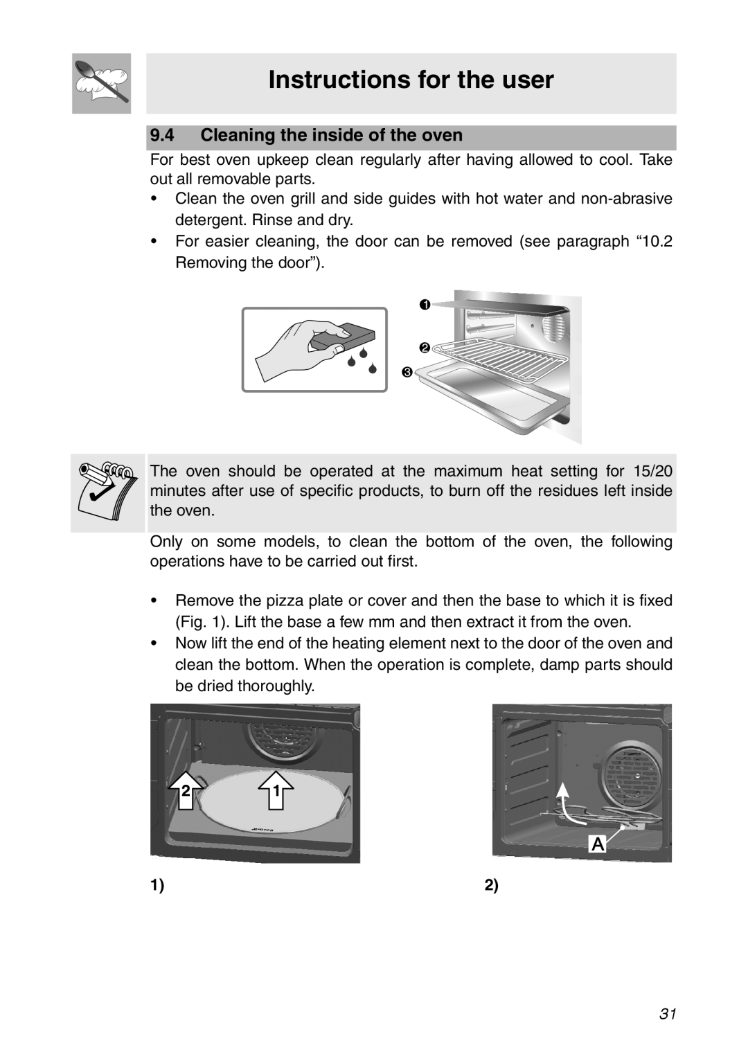 Smeg SC112 manual Cleaning the inside of the oven, Instructions for the user 