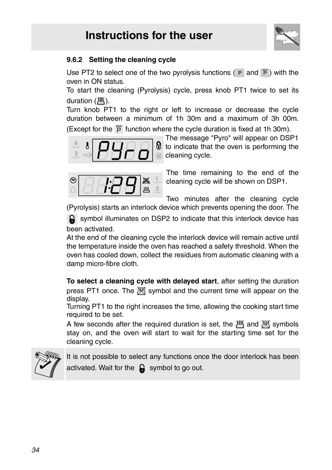 Smeg SC112 manual Setting the cleaning cycle, Instructions for the user, The message Pyro will appear on DSP1 