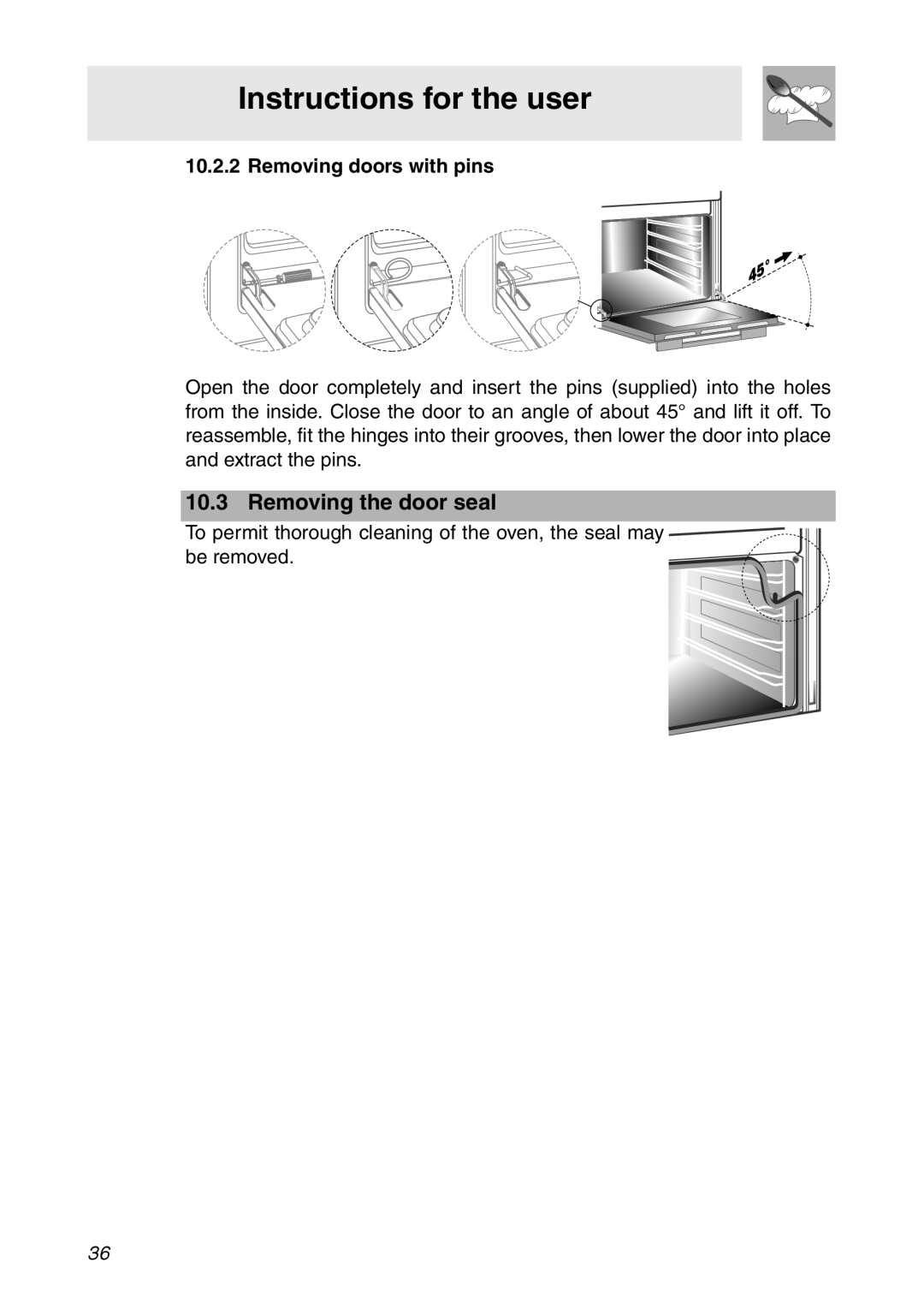 Smeg SC112 manual Removing the door seal, Removing doors with pins, Instructions for the user 