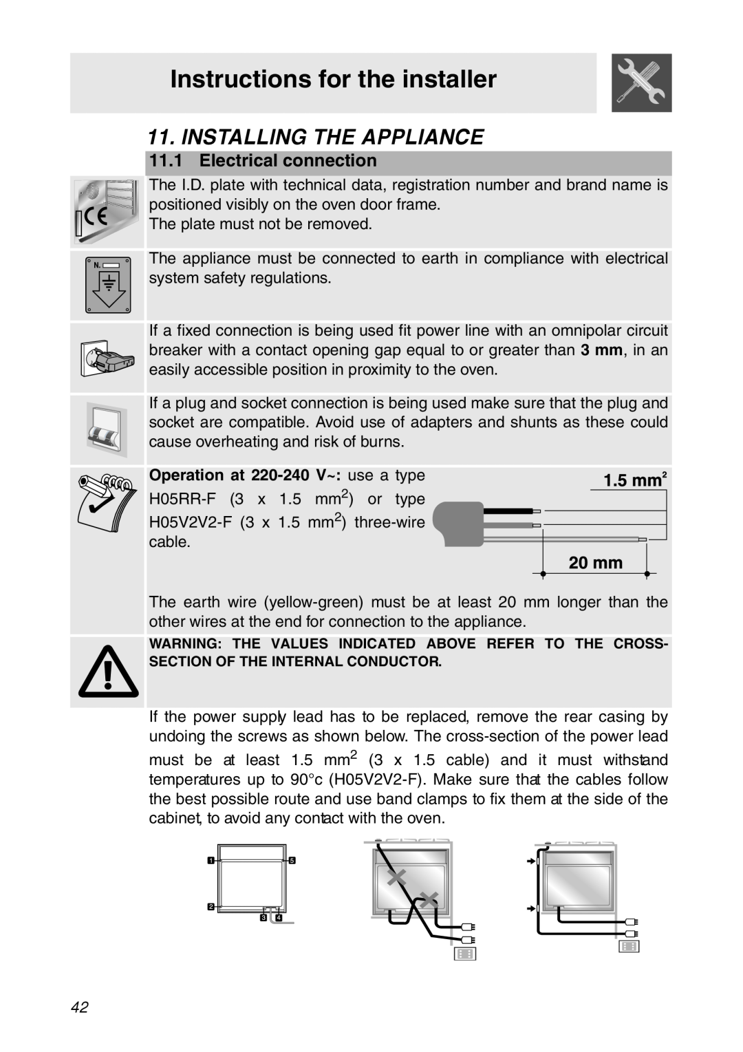Smeg SC112 manual Instructions for the installer, Installing The Appliance, Electrical connection 