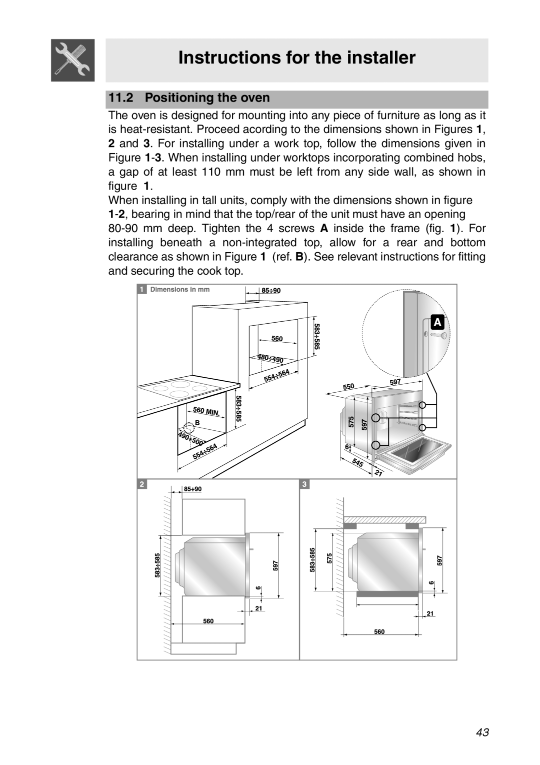 Smeg SC112 manual Positioning the oven, Instructions for the installer 