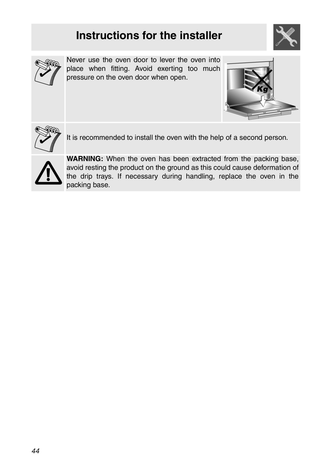 Smeg SC112 manual Instructions for the installer, It is recommended to install the oven with the help of a second person 